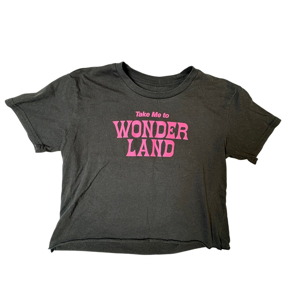 Disney Take Me To Wonderland Black Pink Graphic Crop Top Tee XS Mad Engine